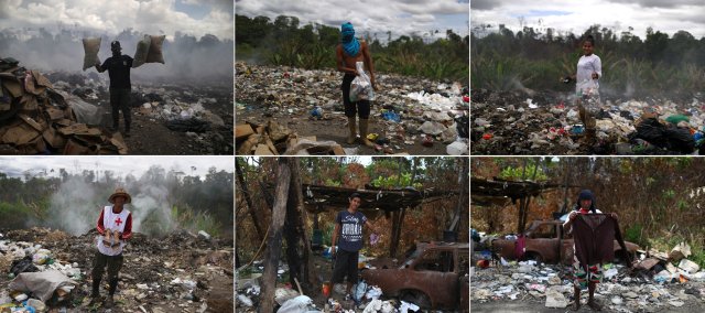 A combination picture shows Venezuela migrants holding what they scrape on a garbage dump in the border city of Pacaraima